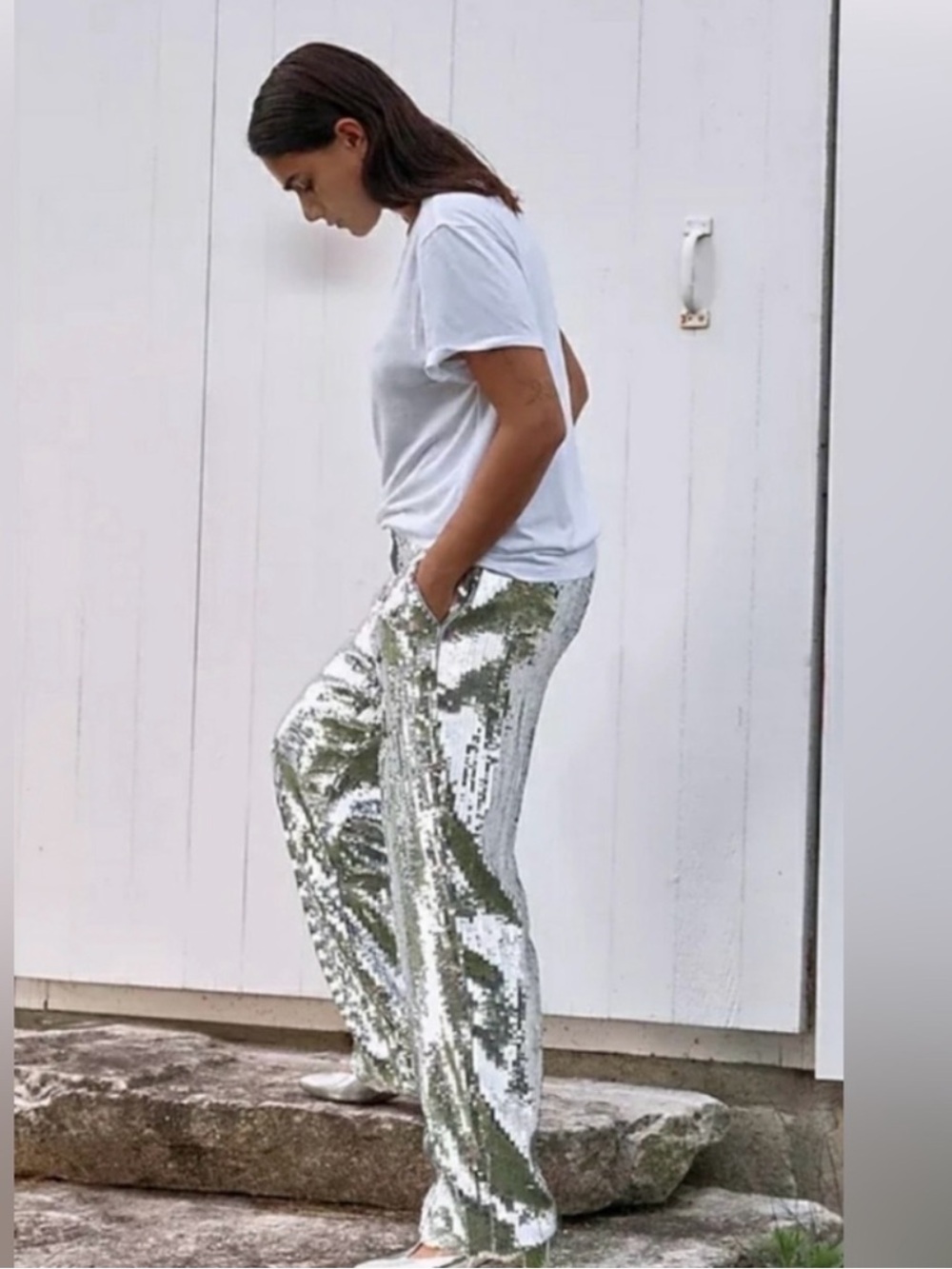 J. Crew Silver Sequin Wide-Leg Pants
